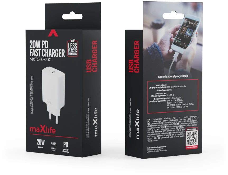 Maxlife MXTC-10-20C PD QC įkroviklis 1x USB-C 20W baltas