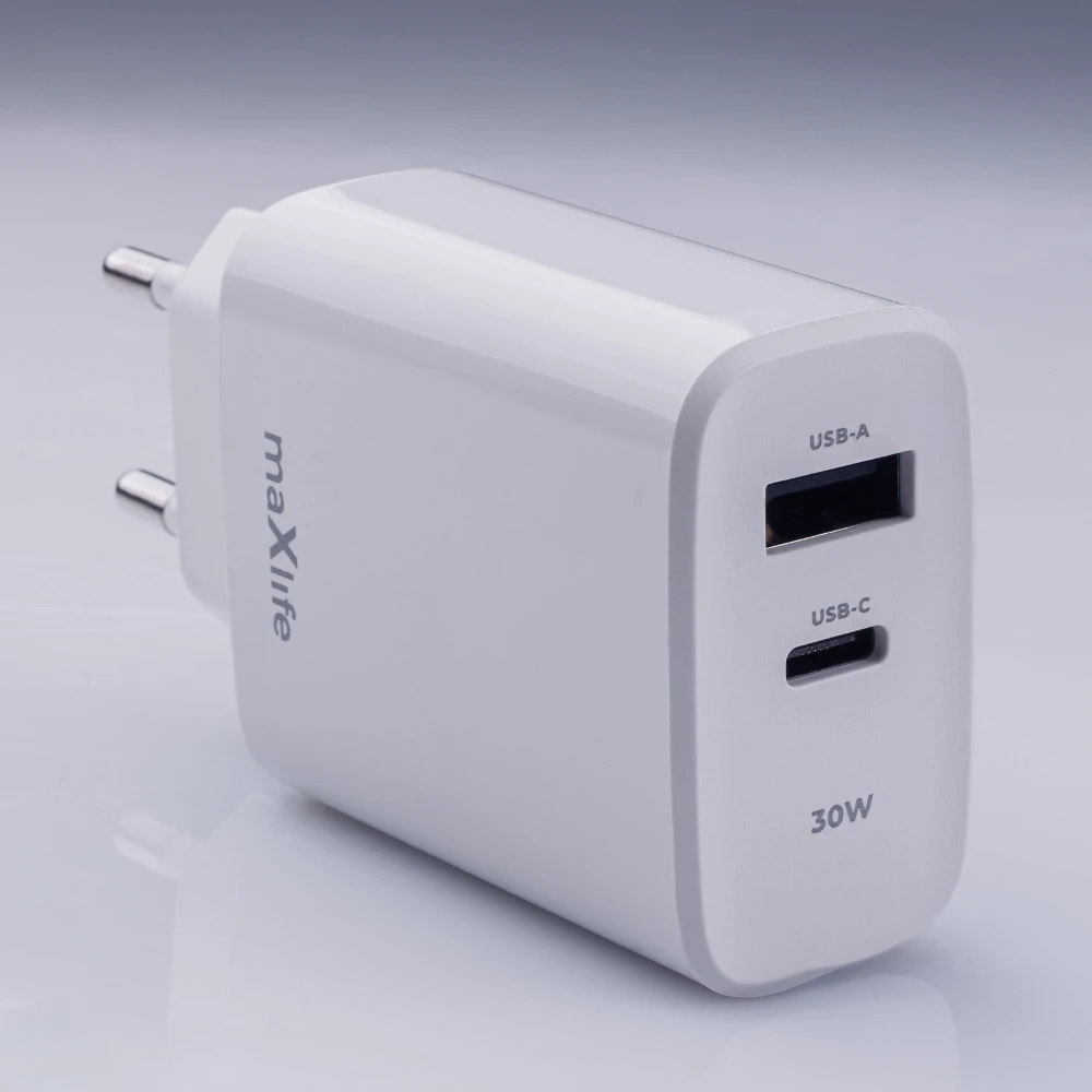 Maxlife MXTC-10-30AC PD QC įkroviklis 1x USB-C 1x USB 30W baltas