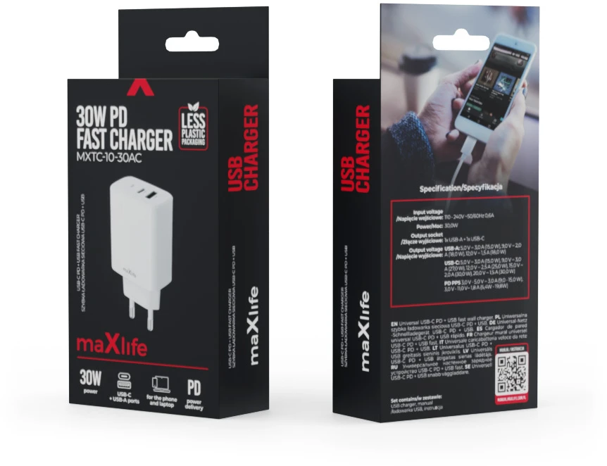 Maxlife MXTC-10-30AC PD QC įkroviklis 1x USB-C 1x USB 30W baltas