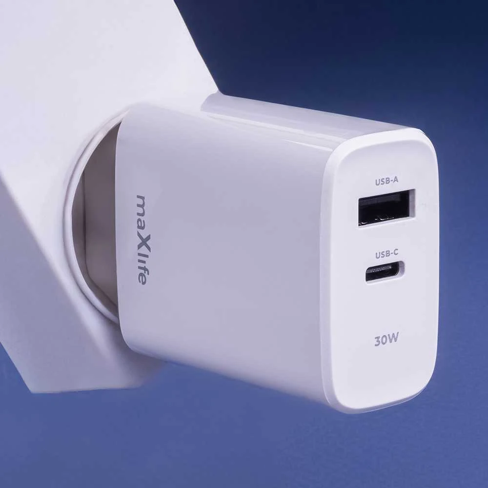 Maxlife MXTC-10-30AC PD QC įkroviklis 1x USB-C 1x USB 30W baltas