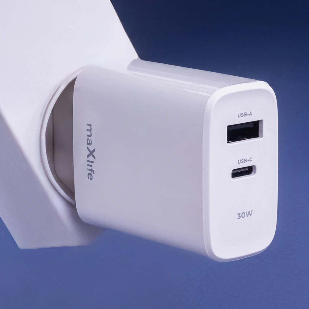 Maxlife MXTC-10-30AC PD QC įkroviklis 1x USB-C 1x USB 30W baltas