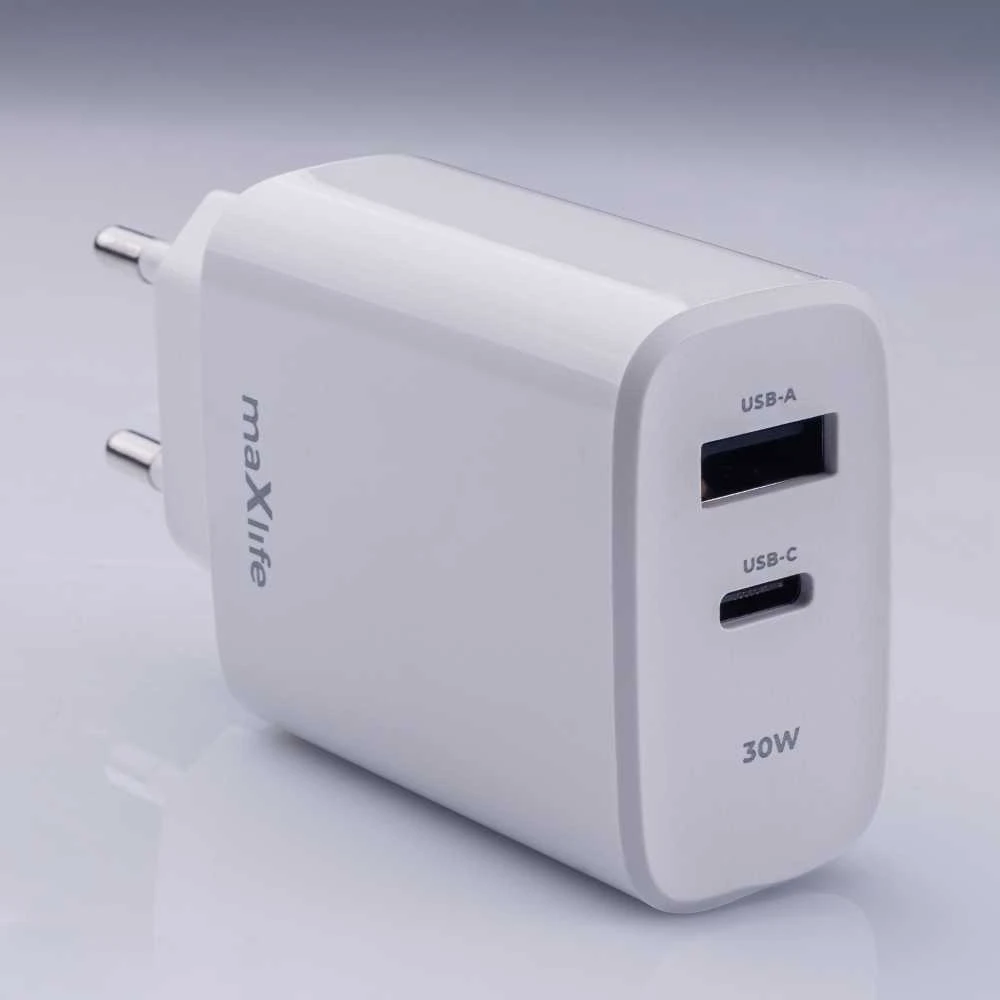 Maxlife MXTC-10-30AC PD QC įkroviklis 1x USB-C 1x USB 30W baltas