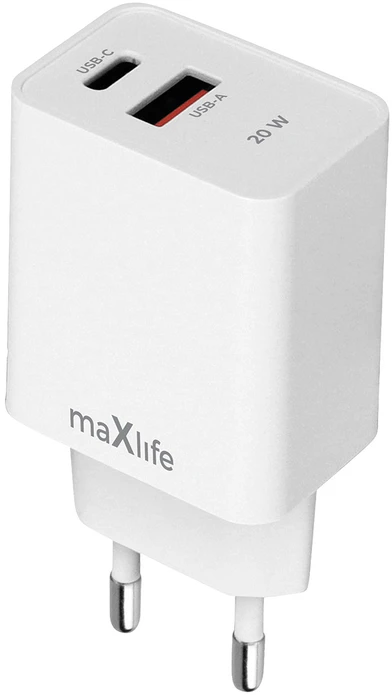 Maxlife MXTC-13-20AC PD QC įkroviklis 1x USB-C 1x USB 20W baltas