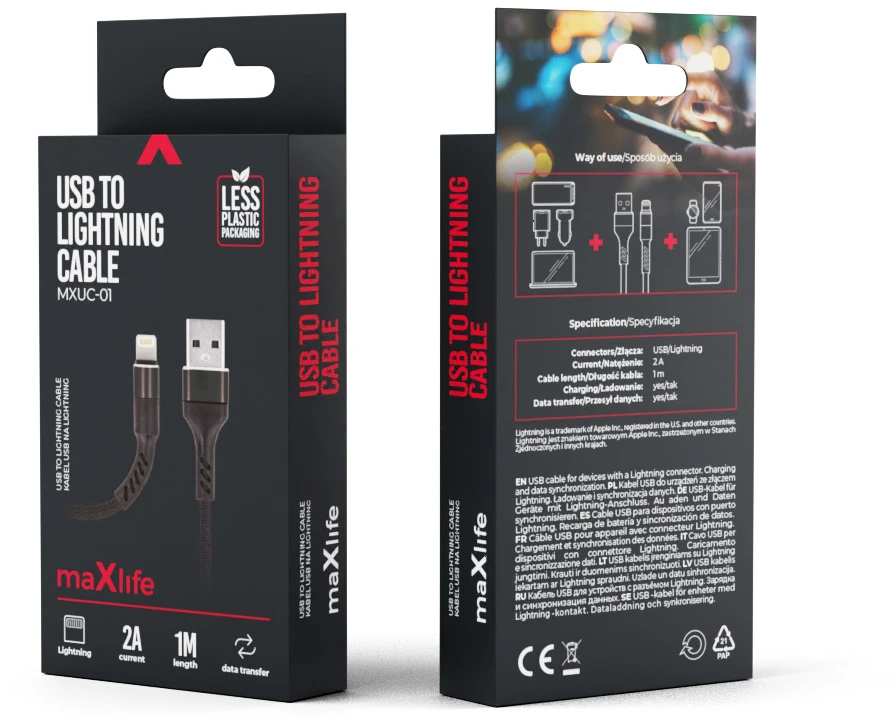 Maxlife MXUC-01 laidas USB – Lightning 1,0 m 2A juodas nailoninis