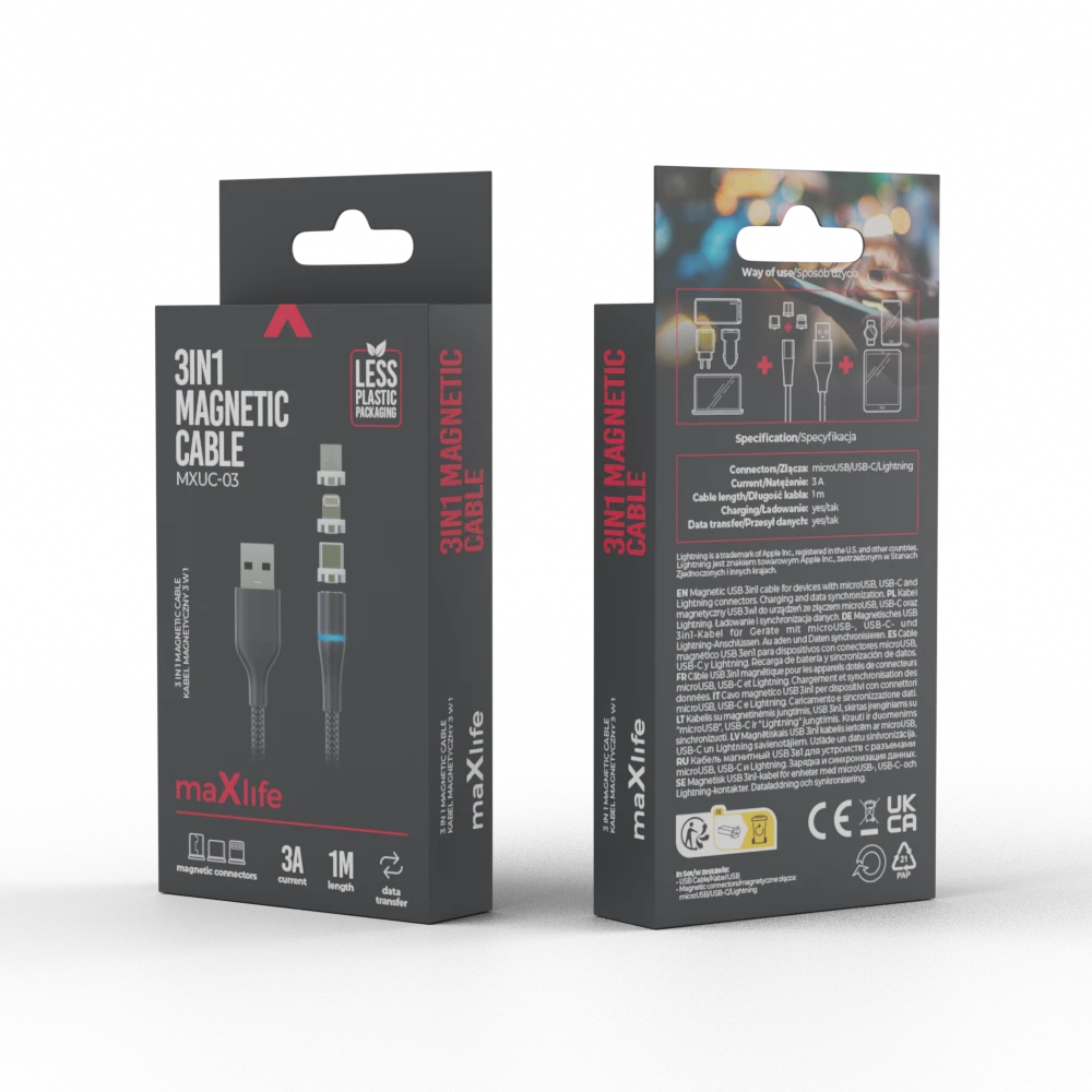 Maxlife MXUC-03 magnetinis laidas USB – Lightning + USB-C + microUSB 1,0 m 3A juodas nailoninis