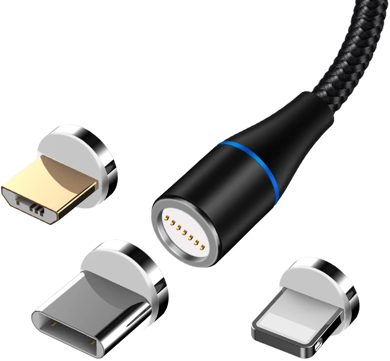 Maxlife MXUC-03 magnetinis laidas USB – Lightning + USB-C + microUSB 1,0 m 3A juodas nailoninis