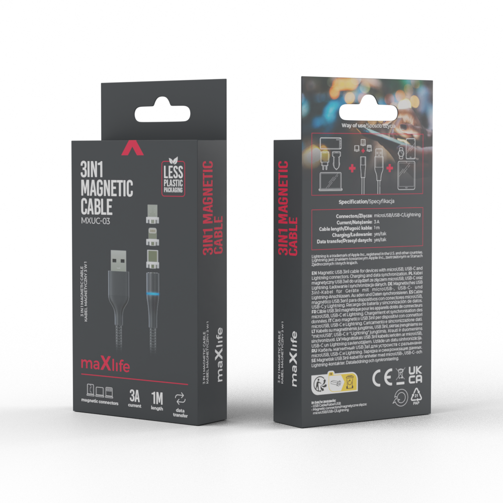Maxlife MXUC-03 magnetinis laidas USB – Lightning + USB-C + microUSB 1,0 m 3A juodas nailoninis