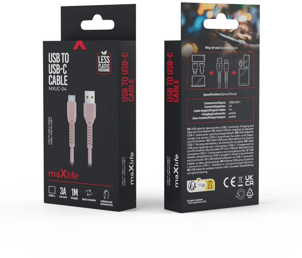 Maxlife MXUC-04 laidas USB – USB-C 1,0 m 3A rožinis