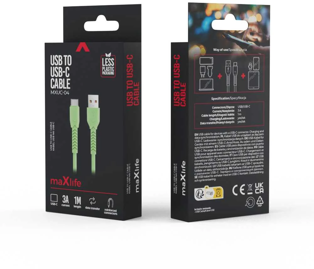 Maxlife MXUC-04 kabelis USB - USB-C 1,0 m 3A žalios spalvos