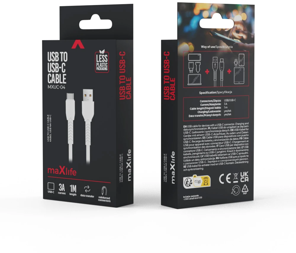 Maxlife MXUC-04 laidas USB – USB-C 1,0 m 3A baltas