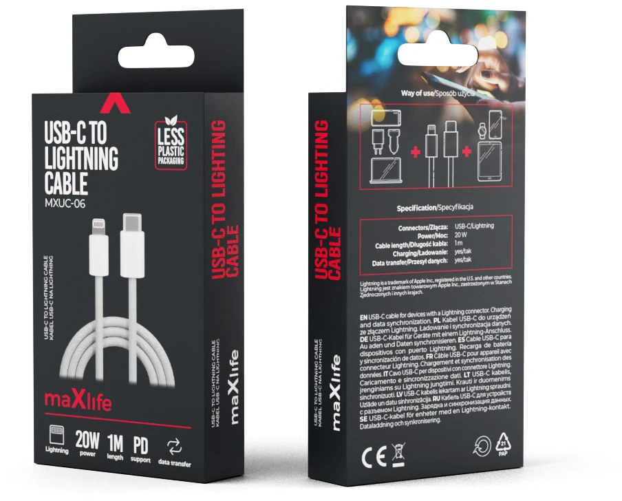 Maxlife MXUC-06 laidas USB-C – Lightning 1,0 m 20W pilkas nailoninis