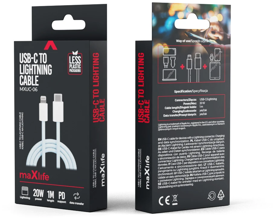 Maxlife MXUC-06 laidas USB-C – Lightning 1,0 m 20W mėlynas nailoninis