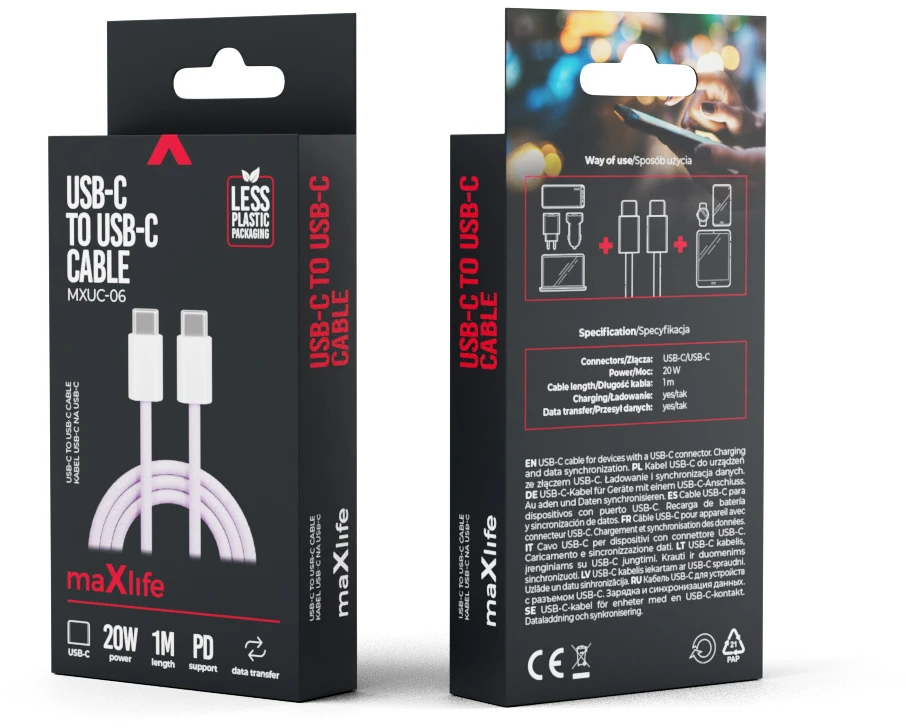 Maxlife MXUC-06 laidas USB-C – USB-C 1,0 m 20W violetinis nailoninis