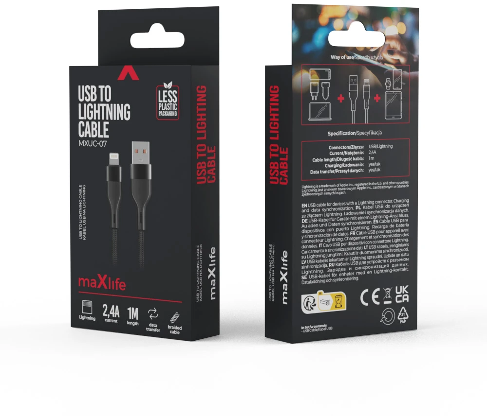 Maxlife MXUC-07 laidas USB – Lightning 1,0 m 2,4A juodas nailoninis