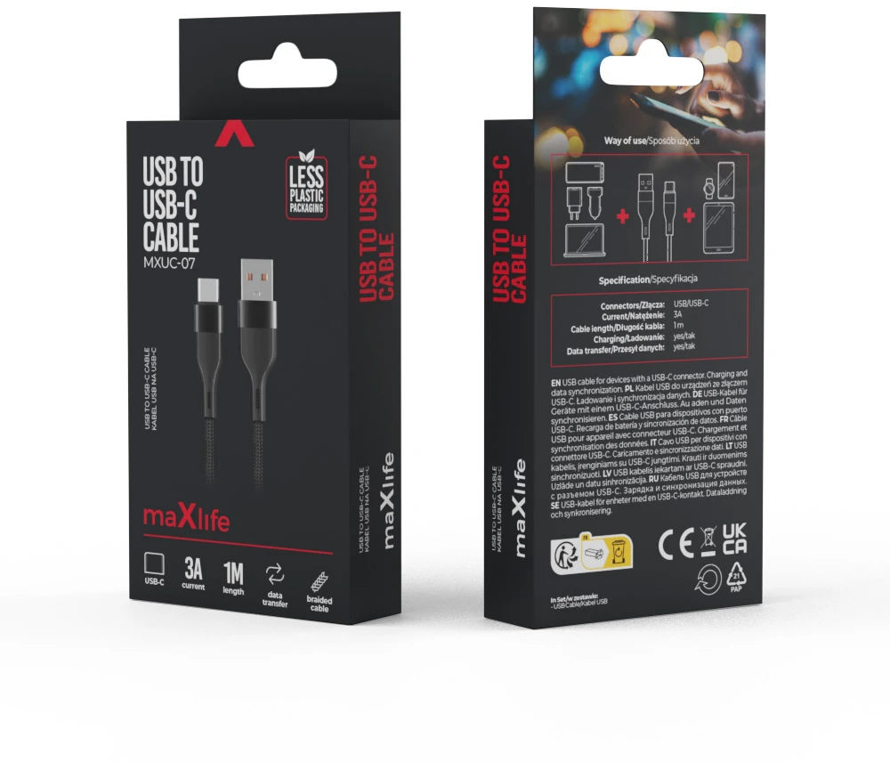 Maxlife MXUC-07 laidas USB – USB-C 1,0 m 3A juodas nailoninis