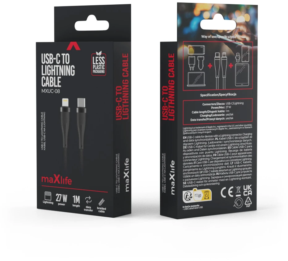 Maxlife MXUC-08 laidas USB-C – Lightning 1,0 m 27W juodas nailoninis