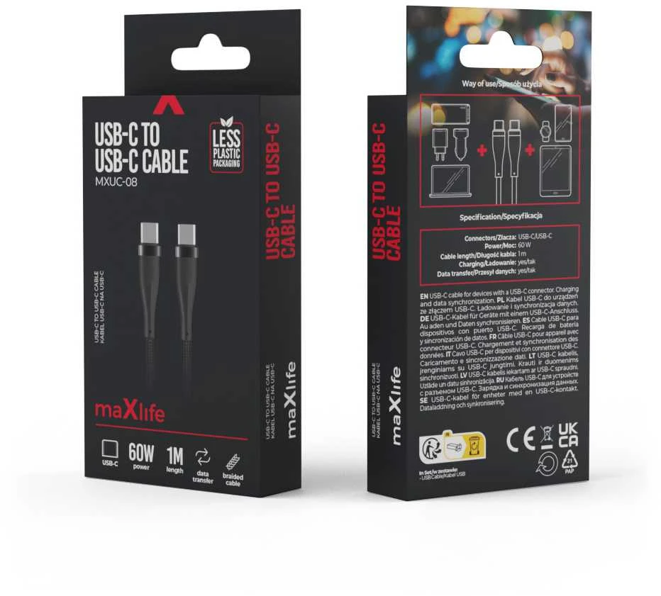 Maxlife MXUC-08 laidas USB-C – USB-C 1,0 m 60W juodas nailoninis