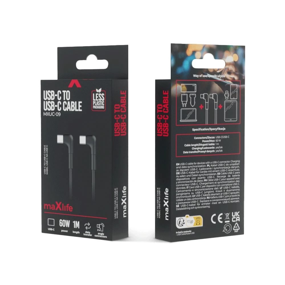Maxlife MXUC-09 kampinis laidas USB-C – USB-C 1,0 m 60W juodas