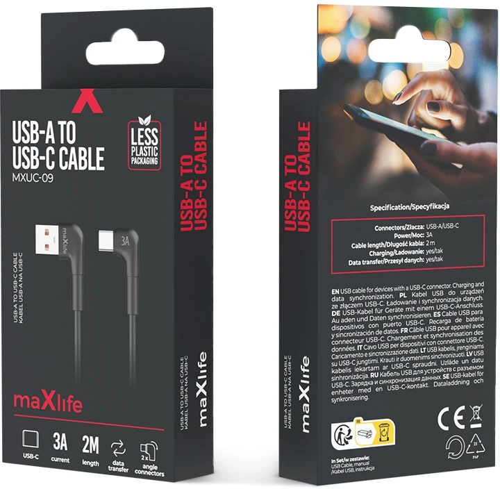 Maxlife MXUC-09 kampinis laidas USB – USB-C 2,0 m 3A juodas