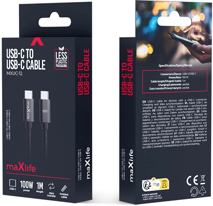 Maxlife MXUC-12 laidas USB-C – USB-C 1,0 m 100W juodas