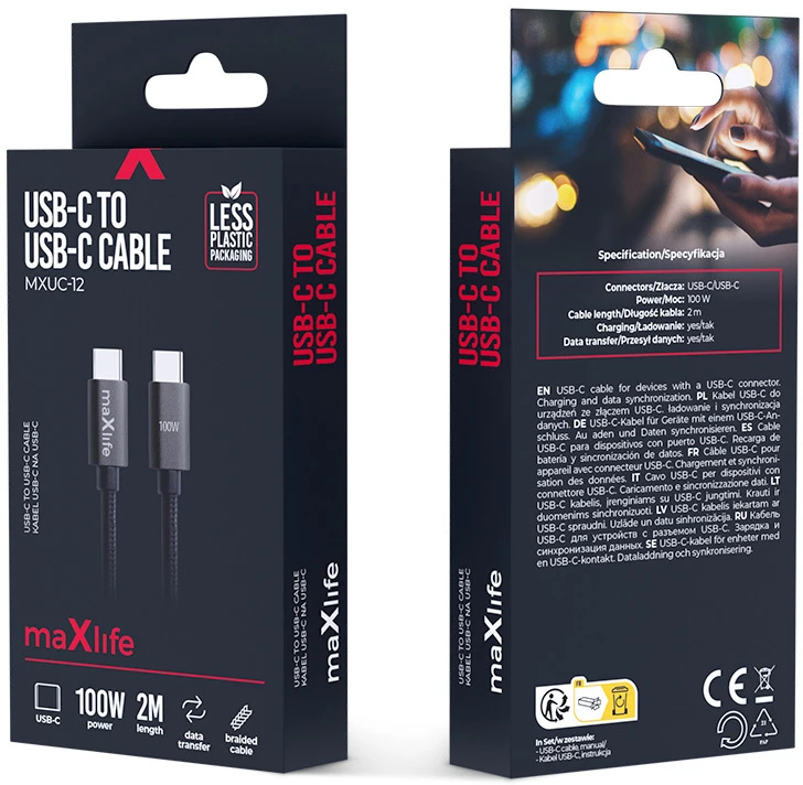 Maxlife MXUC-12 laidas USB-C – USB-C 2,0 m 100W juodas