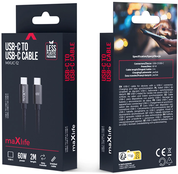 Maxlife MXUC-12 laidas USB-C – USB-C 2,0 m 60W juodas