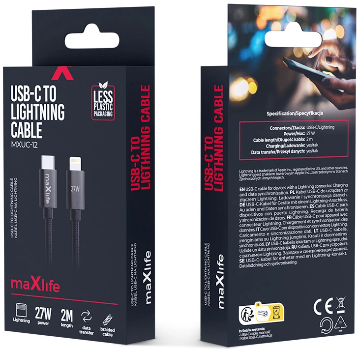 Maxlife MXUC-12 laidas USB-C – Lightning 2,0 m 27W juodas