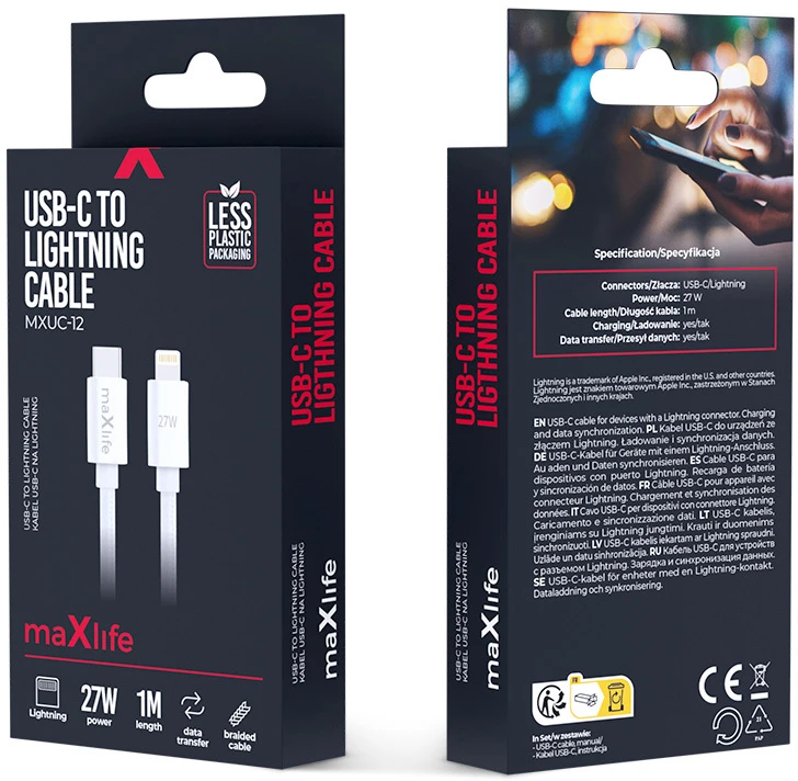 Maxlife MXUC-12 laidas USB-C – Lightning 1,0 m 27W baltas