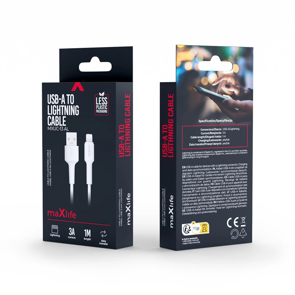 Maxlife MXUC-13 laidas USB-A – Lightning 1,0 m 3A baltas