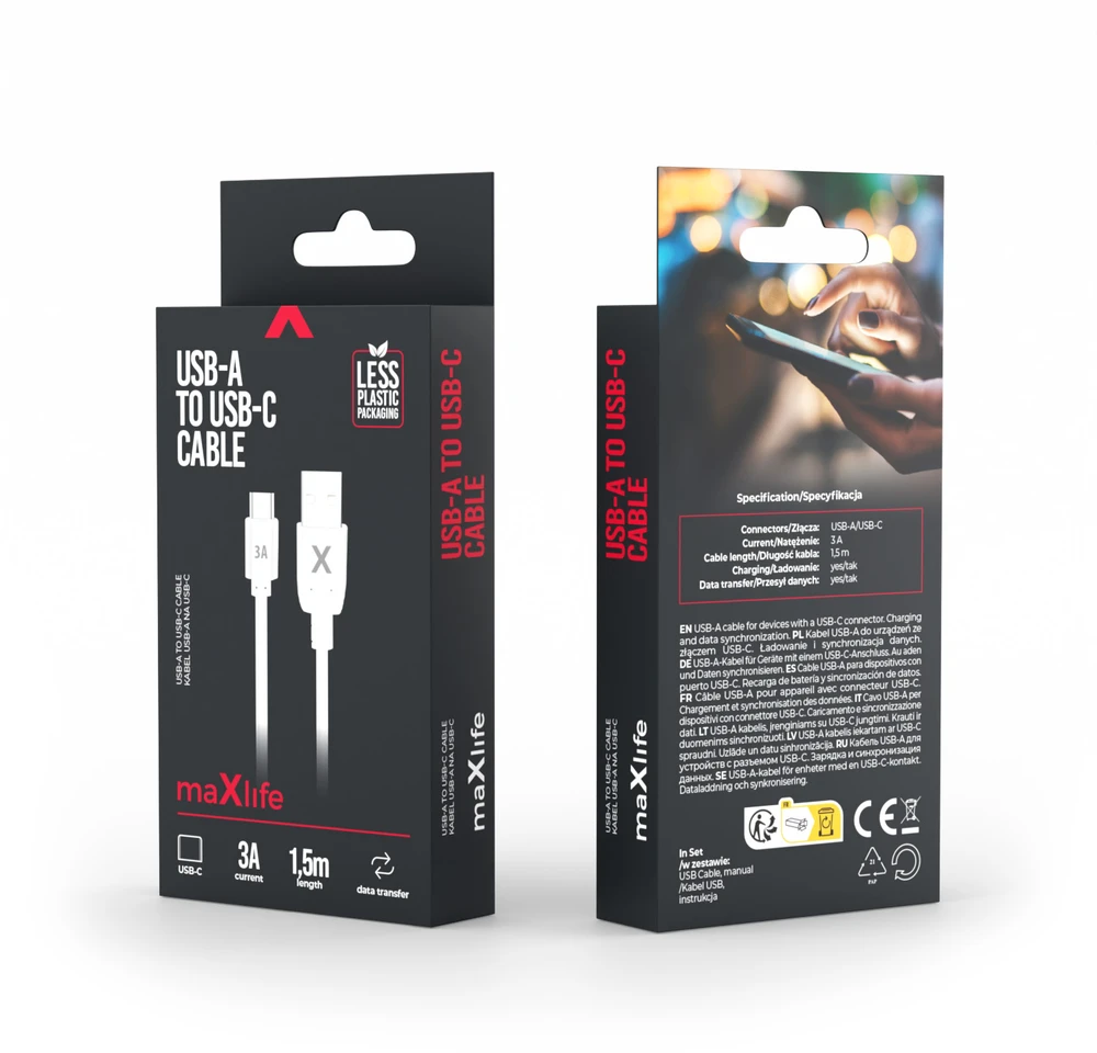 Maxlife USB – USB-C laidas 1,5 m 3A baltas