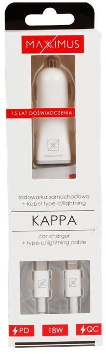 Maxximus AUTOMOBILINIS ĮKROVIKLIS MX KAPPA 18W PD+QC, USB-A+C + TYPE-C/LIGHTNING KABELIS 20W PD Baltas