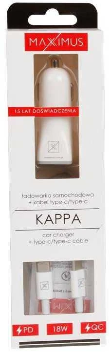 Maxximus AUTOMOBILINIS ĮKROVIKLIS MX KAPPA 18W PD+QC, USB-A+C+ C/C KABELIS 20W PD, Baltas