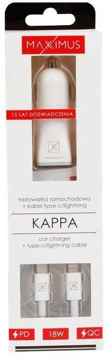Maxximus AUTOMOBILINIS ĮKROVIKLIS MX KAPPA 18W PD+QC, USB-A+C + TYPE-C/LIGHTNING KABELIS 20W PD Baltas