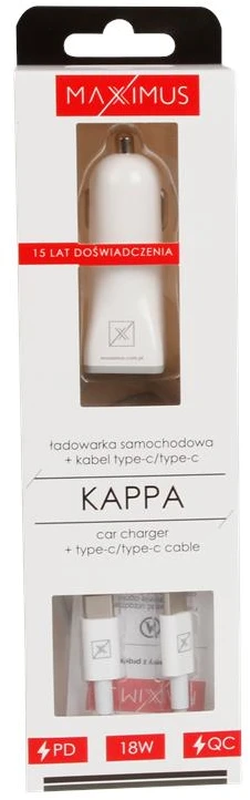 Maxximus AUTOMOBILINIS ĮKROVIKLIS MX KAPPA 18W PD+QC, USB-A+C+ C/C KABELIS 20W PD, Baltas