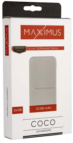Maxximus IŠORINĖ BATERIJA MX COCO 10 000mAh 2xUSB, 10W Li-Po, BALTA + MICROUSB LAIDAS