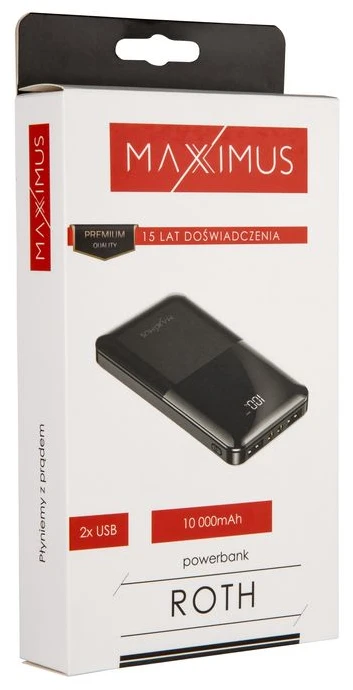 Maxximus IŠORINĖ BATERIJA MX ROTH 10 000 mAh, 2XUSB, 10W Li-Po, JUODA, + microUSB LAIDAS