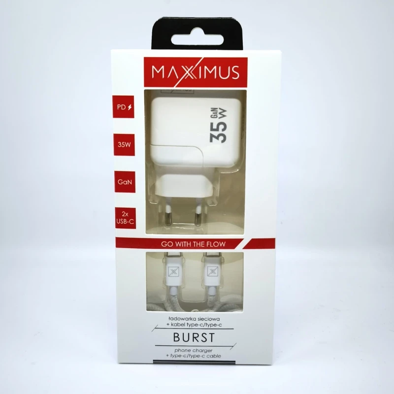 Maxximus SIENINIS ĮKROVIKLIS MX BURST GaN PD 35W, 2xUSB-C + C/C PD LAIDAS 65W Baltas