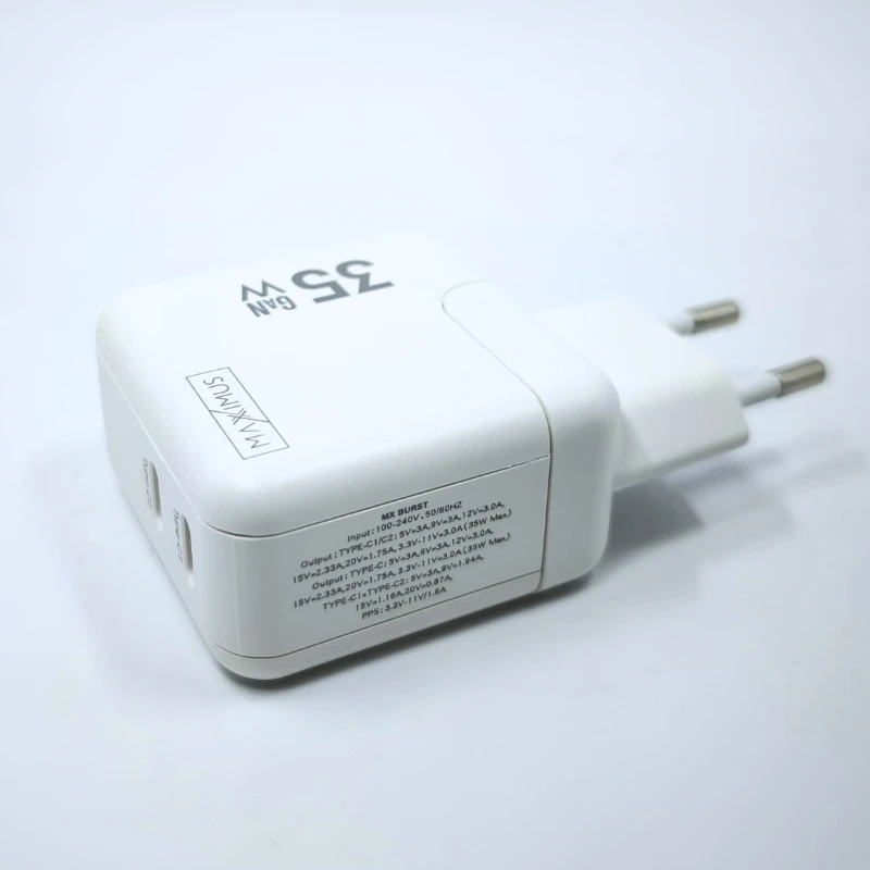 Maxximus SIENINIS ĮKROVIKLIS MX BURST GaN PD 35W, 2xUSB-C + C/LIGHTNING PD LAIDAS 20W Baltas