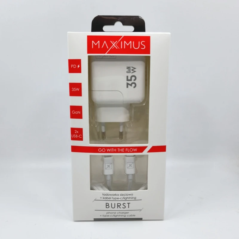 Maxximus SIENINIS ĮKROVIKLIS MX BURST GaN PD 35W, 2xUSB-C + C/LIGHTNING PD LAIDAS 20W Baltas