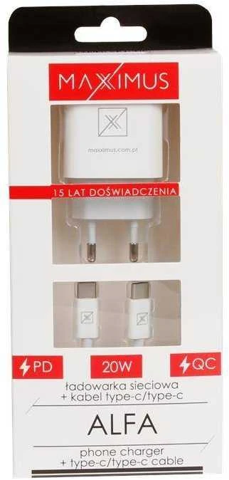 Maxximus Tinklo įkroviklis MX ALFA 20W PD+QC, USB-A+C + kabelis C/C 20W PD, baltos spalvos