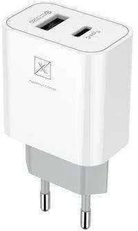 Maxximus Tinklo įkroviklis MX ALFA 20W PD+QC, USB-A+C + kabelis C/C 20W PD, baltos spalvos
