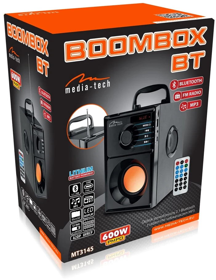 Nešiojama kolonėlė Media-Tech BOOMBOX BT MT3145 V2.0, 15W RMS, Bluetooth, USB, MicroSD, FM Radijas, AUX, su distanciniu pultu