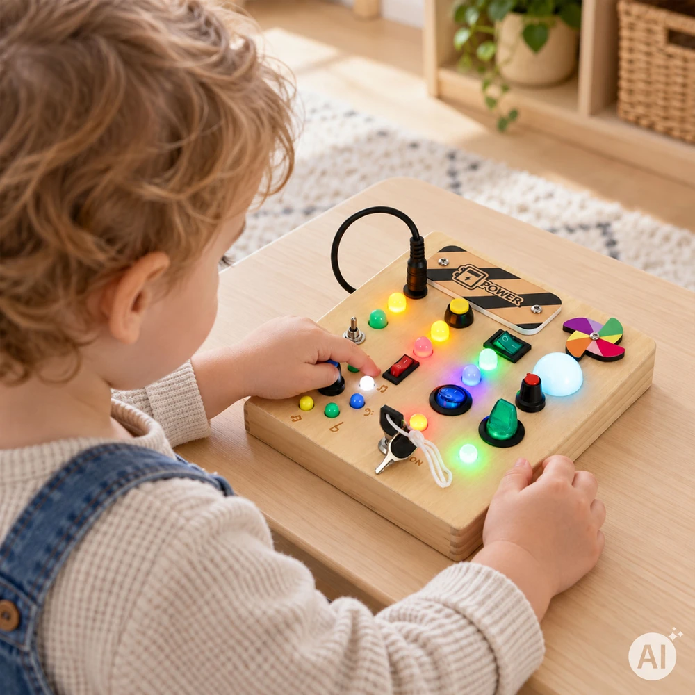Medinė interaktyvi lavinamoji lenta su jungikliais ir LED lemputėmis ECOTOYS