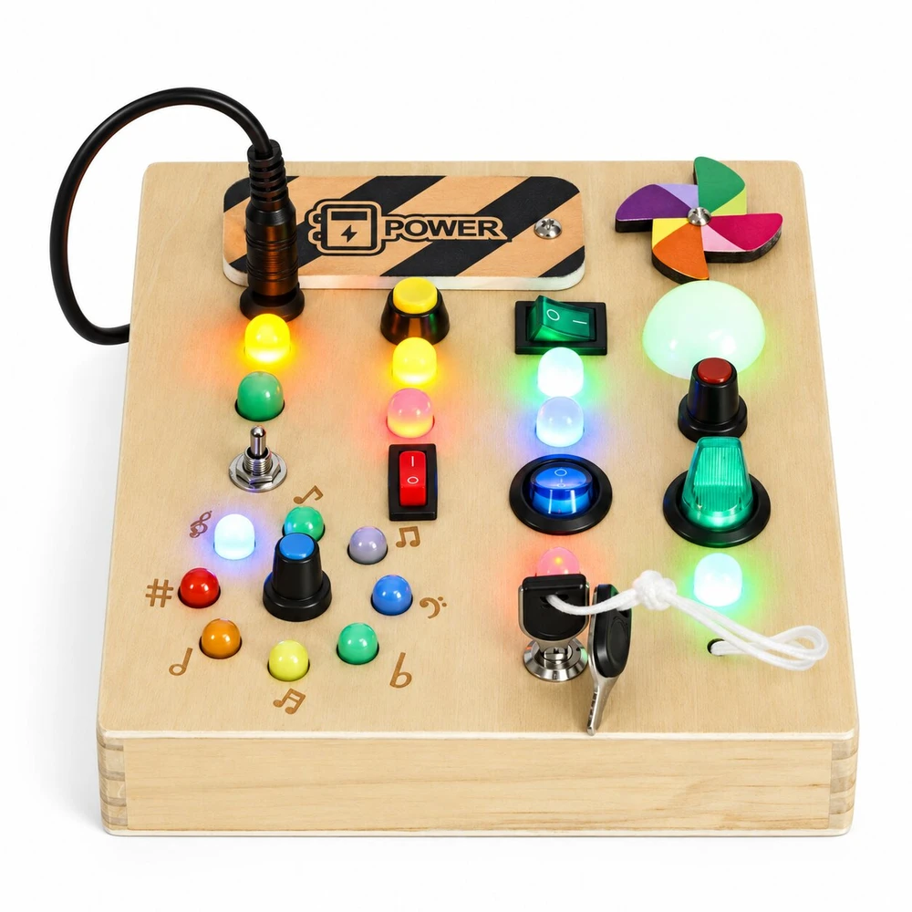 Medinė interaktyvi lavinamoji lenta su jungikliais ir LED lemputėmis ECOTOYS