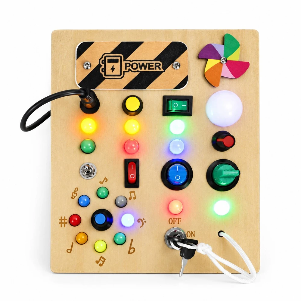 Medinė interaktyvi lavinamoji lenta su jungikliais ir LED lemputėmis ECOTOYS