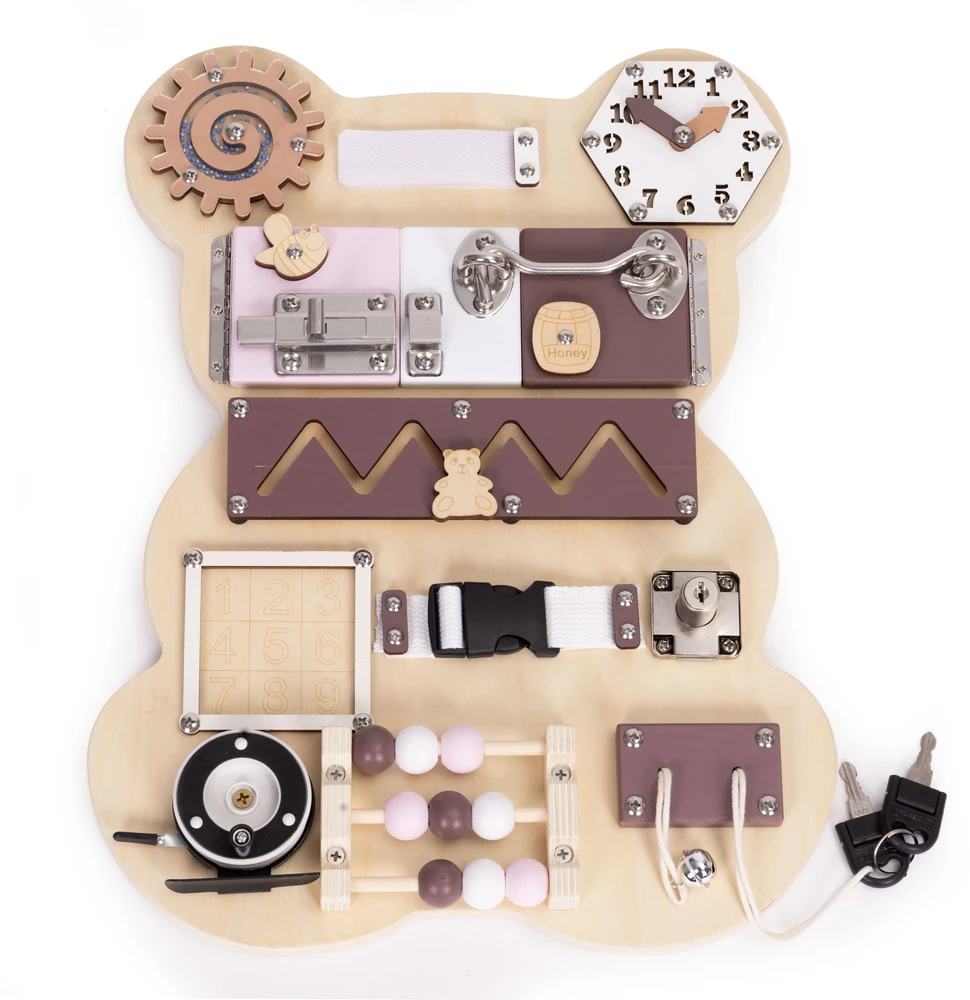 Medinė sensorinė lavinamoji lenta vaikams, meškiukas, 12 dalių ECOTOYS