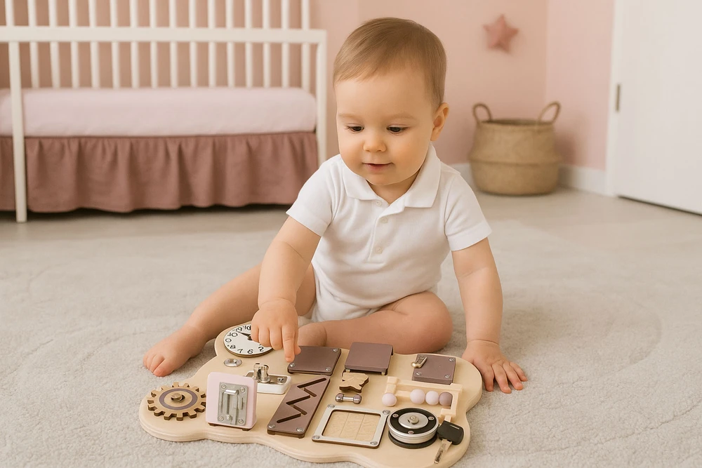 Medinė sensorinė lavinamoji lenta vaikams, meškiukas, 12 dalių ECOTOYS