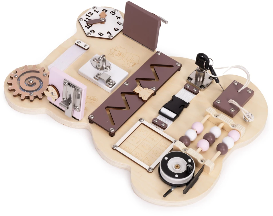 Medinė sensorinė lavinamoji lenta vaikams, meškiukas, 12 dalių ECOTOYS