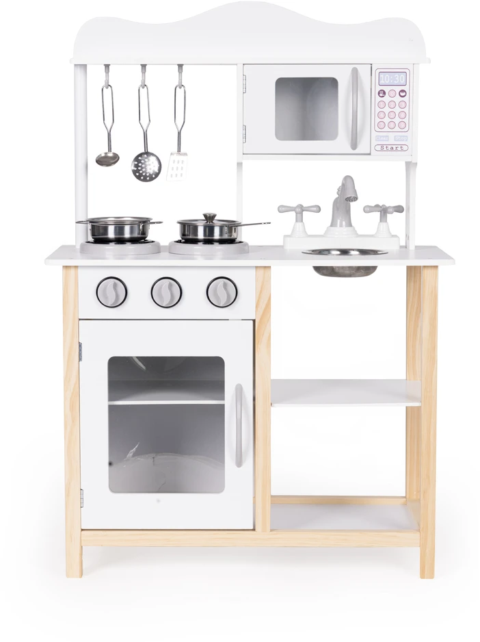 Medinė vaikiška virtuvėlė su orkaite ir maisto gaminimo priedais, balta, ECOTOYS