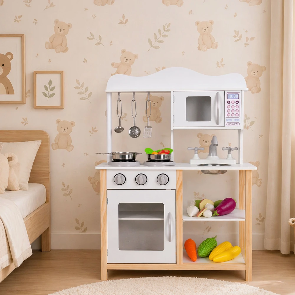 Medinė vaikiška virtuvėlė su orkaite ir maisto gaminimo priedais, balta, ECOTOYS